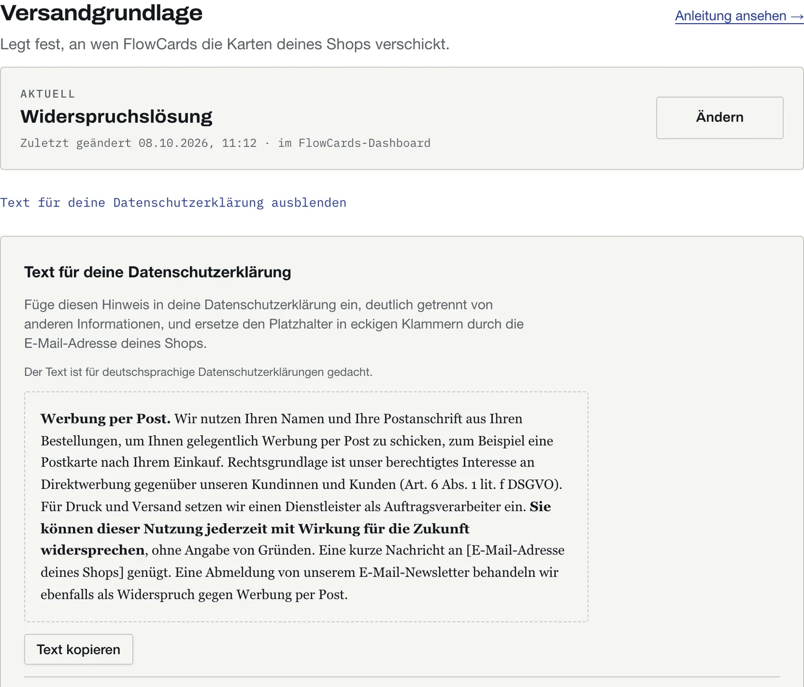 FlowCards-Einstellungen: Versandgrundlage „Widerspruchslösung“ mit „Ändern“, darunter der Textbaustein für die Datenschutzerklärung mit „Text kopieren“