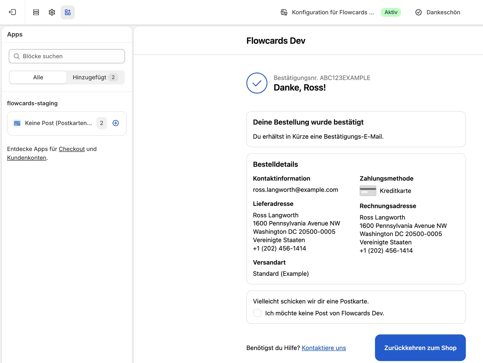 Shopify-Checkout-Editor auf der Seite „Danke“: links die Apps-Leiste mit dem Block „Keine Post (Postkarten-Widerspruch)“, rechts die Vorschau mit der Box