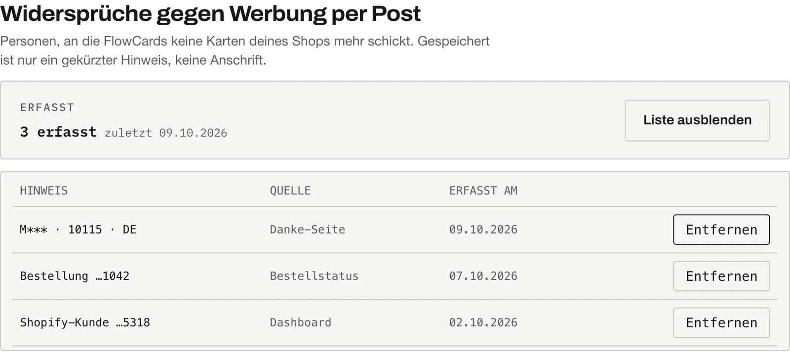 Liste „Widersprüche gegen Werbung per Post“ mit gekürzten Hinweisen, Quelle und Datum
